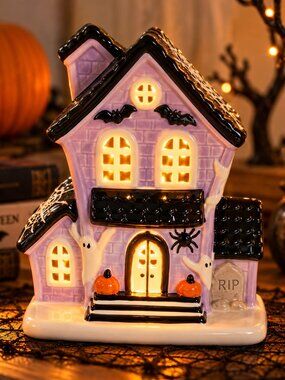Aldi 2026 Halloween Purple LED Ceramic Haunted House Ghost Pumpkin Light Up 8.5"